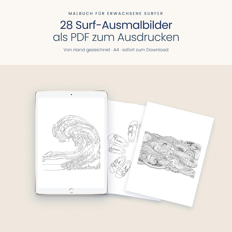 May include: A digital tablet displaying a black and white line art drawing of a large ocean wave, accompanied by two printed sheets featuring hand-drawn illustrations of sandals and intricate wave patterns for coloring activities.