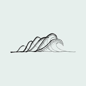 May include: A black ink line drawing of a series of ocean waves on a pale background. The illustration features multiple cresting waves with detailed circular patterns and dots along the top edges, rendered in a clean, minimalist graphic style.