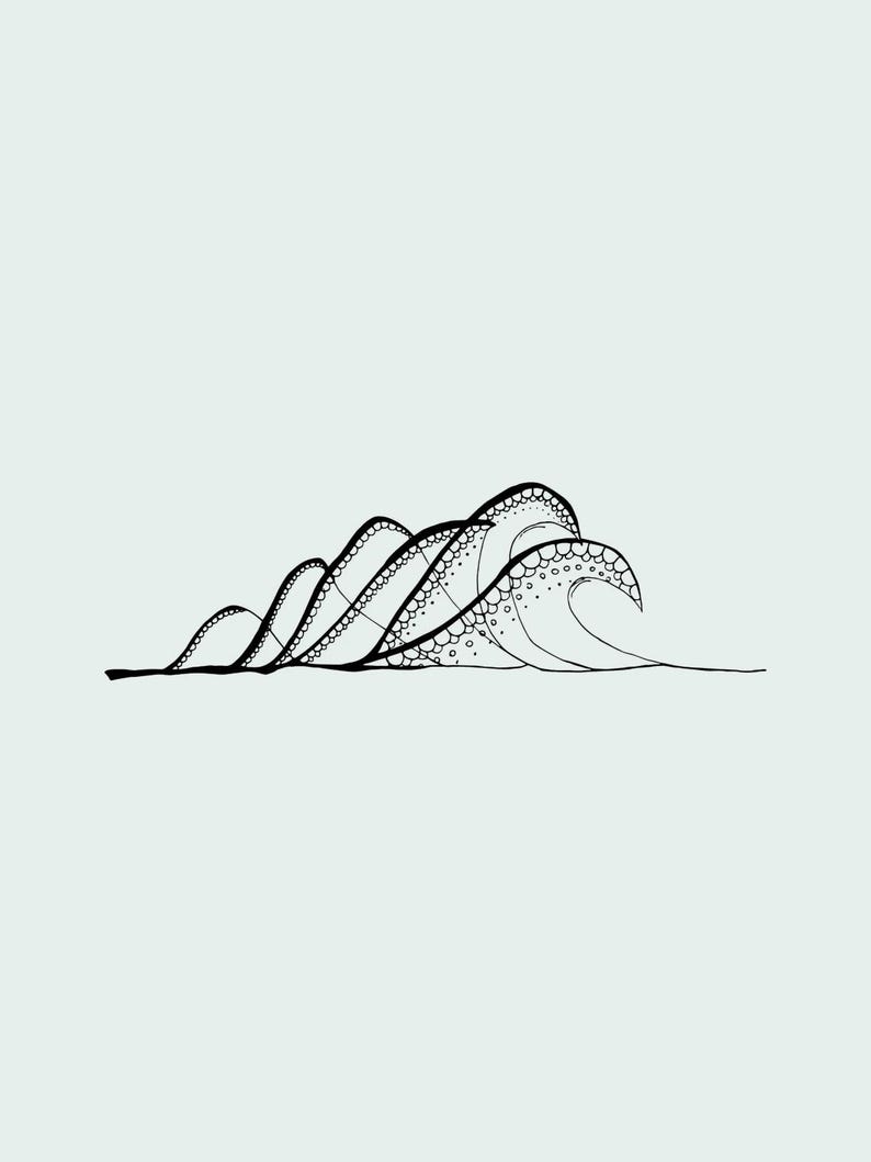 May include: A black ink line drawing of a series of ocean waves on a pale background. The illustration features multiple cresting waves with detailed circular patterns and dots along the top edges, rendered in a clean, minimalist graphic style.