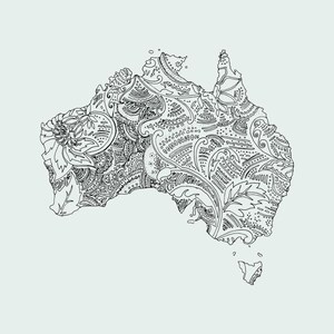 May include: A black and white line art illustration of the map of Australia. The interior of the map is filled with intricate, dense patterns including swirls, dots, floral shapes, and paisley-like motifs, creating a highly detailed texture.