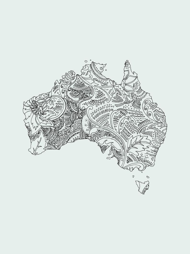 May include: A black and white line art illustration of the map of Australia. The interior of the map is filled with intricate, dense patterns including swirls, dots, floral shapes, and paisley-like motifs, creating a highly detailed texture.