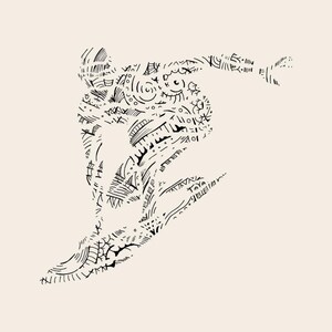 May include: A black ink line drawing on a light beige background depicting a person in a dynamic jumping pose. The figure is composed of intricate patterns, geometric shapes, and abstract lines, with the name Taya written near the lower leg.