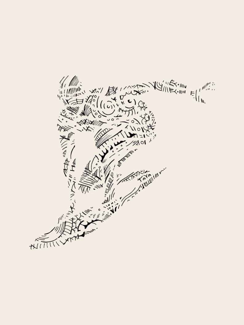 May include: A black ink line drawing on a light beige background depicting a person in a dynamic jumping pose. The figure is composed of intricate patterns, geometric shapes, and abstract lines, with the name Taya written near the lower leg.