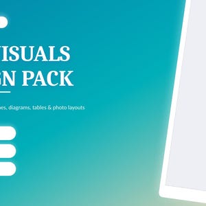Puede incluir: Un gráfico digital para un paquete de diseño PPT Visuals con un fondo degradado azul verdoso y texto blanco que dice Visual Library, PPT Visuals Design Pack, 40 slides, Real PPT Tables, Baseline Gantt, Photo Ready y un icono de tableta.