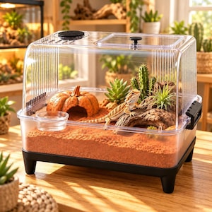 May include: A clear plastic reptile enclosure with a black base and four legs. Inside, a bearded dragon rests on a piece of driftwood next to a pumpkin-shaped hide, a small water dish, a succulent, and a cactus, all set on orange sand.