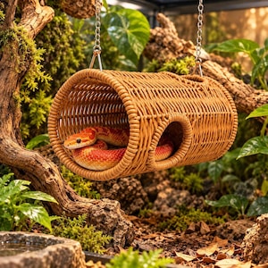 May include: A cylindrical, light brown woven wicker tunnel hanging from metal chains. The tunnel features a circular side opening and a larger open end, with a bright orange and red patterned corn snake coiled inside the structure.