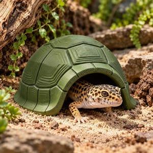 Op de afbeelding: Een luipaardgekko met een geel en zwart gevlekte huid komt tevoorschijn uit een donker olijfgroene reptielenschuilplaats in de vorm van een schildpadschild. De schuilplaats heeft een geometrisch patroon dat lijkt op schubben op de koepel.