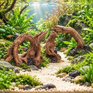 Könnte beinhalten: Eine Unterwasser-Aquariumlandschaft mit zwei großen, verwitterten braunen Treibholzstücken, die natürliche Bögen bilden. Die Szene umfasst einen hellen Sandboden, verschiedene grüne Wasserpflanzen, dunkle, strukturierte Steine und mehrere kleine Neonsalmler, die durch das Becken schwimmen.