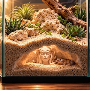 Peut inclure: Un terrarium en verre contenant du sable beige, des rochers texturés, un morceau de bois flotté et diverses plantes succulentes. Une sculpture claire d'un visage humain aux cheveux en forme de serpents est intégrée dans une grotte de sable.