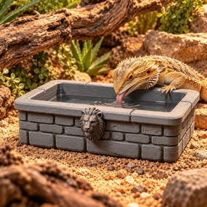Puede incluir: Un bebedero rectangular gris para reptiles con un patrón de ladrillo texturizado en el exterior y un emblema de cabeza de león esculpido en la parte frontal. Un dragón barbudo está posicionado en el borde del recipiente bebiendo agua.