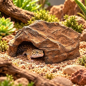 Puede incluir: Un escondite para reptiles con forma de roca marrón texturizada y un interior hueco. Un gecko leopardo con manchas amarillas y negras se ve parcialmente, descansando dentro de la abertura de la estructura rodeada de grava clara y plantas.