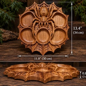 Gothic Spider Wooden Serving Tray, Spiderweb Snack Platter, 5-Compartment Candy Dish, Hand-Finished Wood