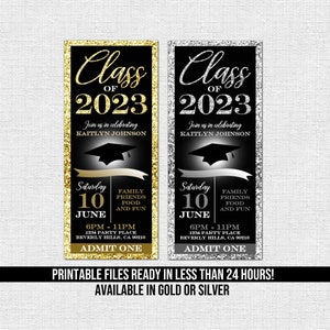 GRADUATION PARTY TICKET Einladungen - Klasse von 2024 (jedes Jahr) - Grad - Reunion - Gold oder Silber Glitter (drucken Sie Ihre eigenen) druckbare Dateien