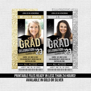 GRADUATION PARTY TICKET Einladungen - Klasse von 2024 - Grad - Gold oder Silber Glitter (Drucken Sie Ihre eigenen) personalisierte druckbare Dateien mit Foto