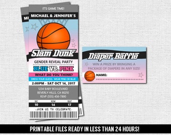 GENDER REVEAL TICKET Invitation Basketball Baby Shower Party + Diaper Raffle (print your own) Personalized Printable Files - Admit One