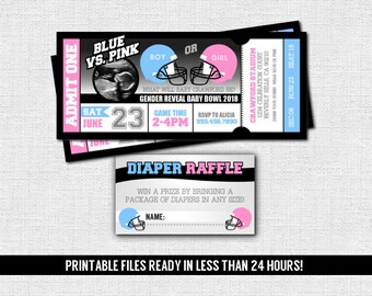 GENDER REVEAL TICKET Invitation - Football Baby Shower Party (print your own) + Diaper Raffle - Admit One - Printable Files