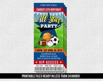 SPORTS TICKET INVITATION All Star Birthday Party - Any Age (print your own) Printable Files - Football Basketball Soccer Baseball