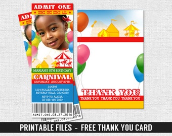 CARNIVAL TICKET INVITATIONS Circus Birthday Party + Free Thank You Card - (print your own) Personalized Printable Files