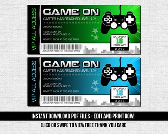 video game ticket invitations birthday party instant etsy