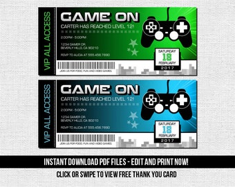 Video Game Ticket Invitations Birthday Party - (Instant Download) Editable and Printable PDF Files - Bonus Thank You Card - Gamer Arcade