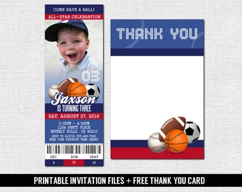 SPORTS TICKET INVITATIONS All-Star Birthday Party + Thank You Card (print your own) Personalized Printable Files - Baseball, Football