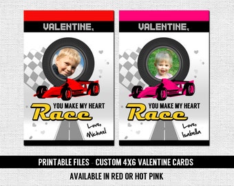 Race Car VALENTINE CARD (printable files) Personalized with Photo - Print Your Own 4x6 Valentine's Day Cards, Red or Pink Racing