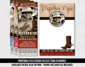 WESTERN TICKET INVITATIONS Rodeo Birthday Party Cowboy or Cowgirl + Free Thank You Card - (Printable Files)