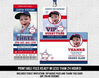 Baseball Ticket Invitation Birthday Party + Thank You Card + VIP Pass Badge Insert (print your own) Printable Files - Any Age - Any Color