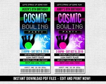 Cosmic Bowling Invitations - Ticket Style Birthday Bowl Invite - (Téléchargement instantané) Fichiers PDF modifiables et imprimables - Neon Glow Party