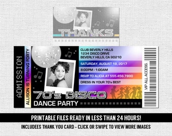 DISCO TICKET INVITATIONS 70's Dance Birthday Party + Free Thank You Card - (print your own) Personalized Printable Files - Any Age - 70s