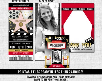 Hollywood Ticket Invitation Red Carpet Birthday Movie Party + Thank You Card + VIP Pass Badge Insert (print your own) Printable Files