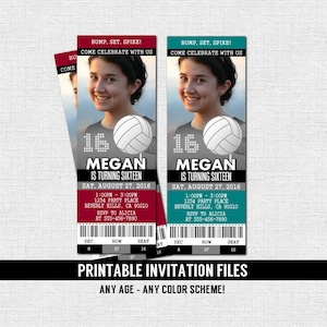 VOLLEYBALL TICKET INVITATIONS Birthday Party - (print your own) Personalized Printable Files - Volleyball Sports Team Party