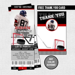 HOCKEY TICKET UITNODIGINGEN + Gratis Bedankkaart Verjaardagsfeestje (print je eigen) Elke Kleur! Gepersonaliseerd afdrukbaar bestand