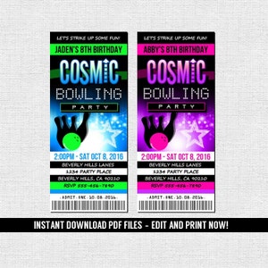 Kosmische Bowling-Einladungen - Ticket Style Birthday Bowl Invite - (Instant Download) bearbeitbare und druckbare PDF-Dateien - Neon Glow Party