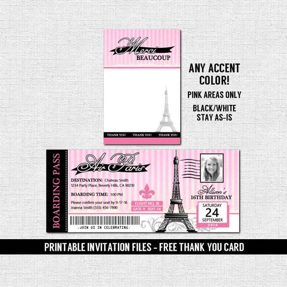 Paris Boarding Pass Invitations Thank You Card Birthday Etsy