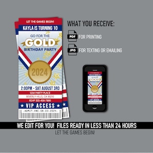 Faire-part de fête de gymnastique - fichiers numériques imprimables - texte mobile ou impression inviter - événement médaille d'or - rouge blanc bleu