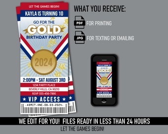 Gymnastics Party Ticket Invitation - Printable Digital Files - Mobile Text or Print Invite - Gold Medal Event - Red White Blue