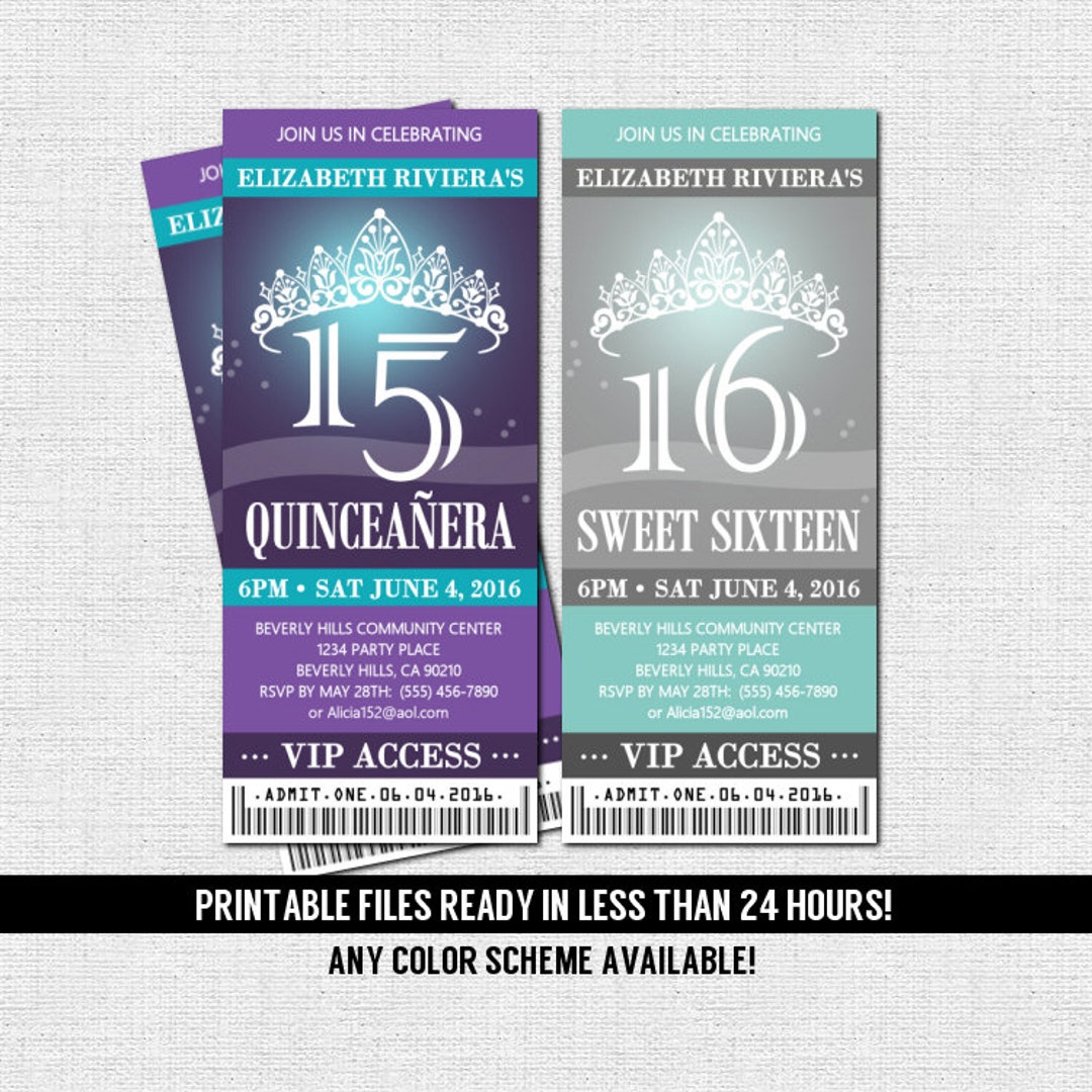 QUINCEANERA or SWEET 16 TICKET Invitations Any Color Scheme print Your