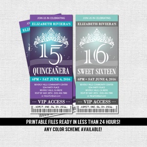 QUINCEANERA or SWEET 16 TICKET Invitations - Any Color Scheme (print your own) Printable Files - Sixteen Birthday Tiara Quince Party Dance