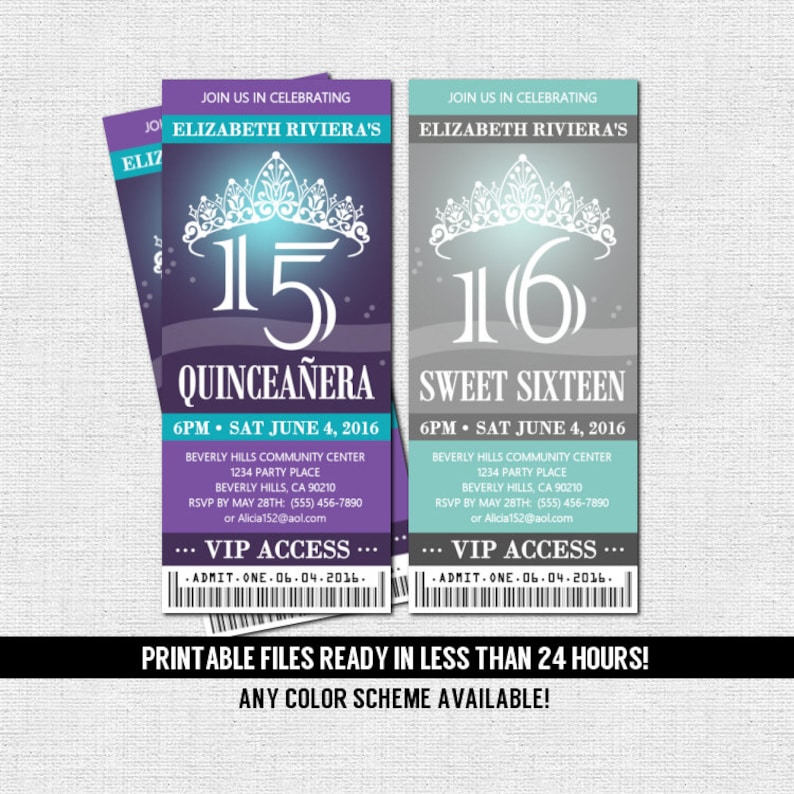 QUINCEANERA or SWEET 16 TICKET Invitations Any Color Scheme Etsy
