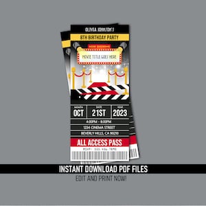 Film Hollywood ticket Invitations fête d'anniversaire (téléchargement instantané) fichiers PDF modifiables et imprimables - soirée cinéma cinéma remise des diplômes