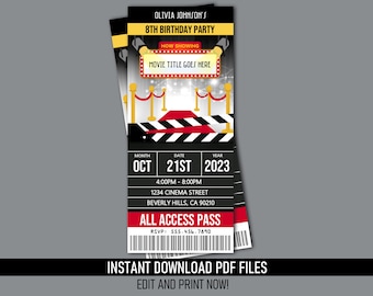 Movie Hollywood Ticket Invitations Birthday Party (Instant Download) Editable and Printable PDF Files -Theater Cinema Night Graduation