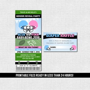 GENDER REVEAL TICKET Invitation Football Baby Shower Party Diaper Raffle print your own Personalized Printable Files Admit One image 2