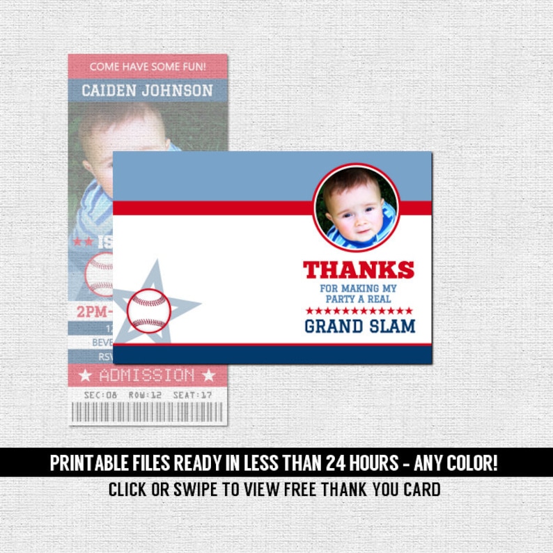 BASEBALL TICKET INVITATIONS First Birthday Party One Two All-Star Sports Any Color Personalized Printable Files Free Thank You Card image 2