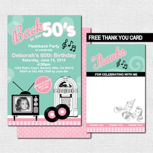 Faire-part d'anniversaire des années 50 - chaussettes rétro des années 50 - tout âge avec photo (fichier imprimable) et carte de remerciement gratuite - 50e anniversaire