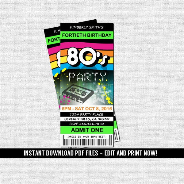 80's Ticket Invitations - 1980's Birthday Party - (Instant Download) Editable and Printable PDF Files - Retro Skate Dance Party