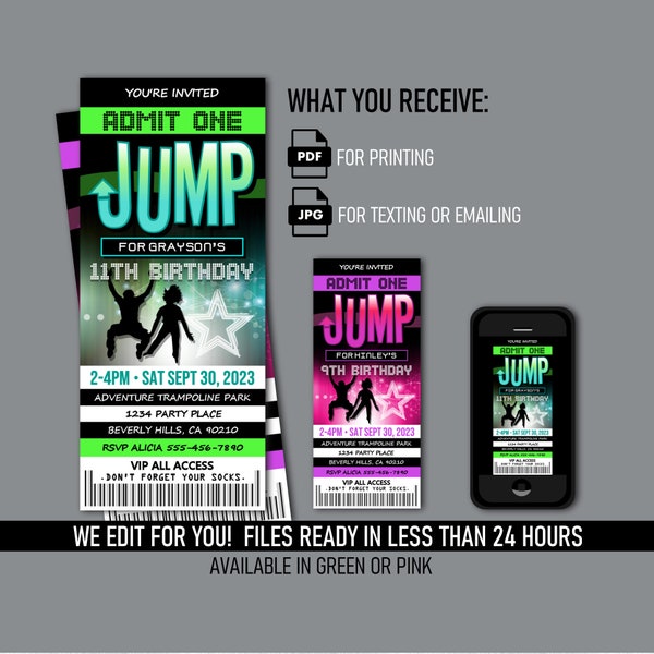 Jump Ticket Invitations - Bounce House Trampoline Park Birthday Party Invite - Printable Digital Files - Mobile Text or Print