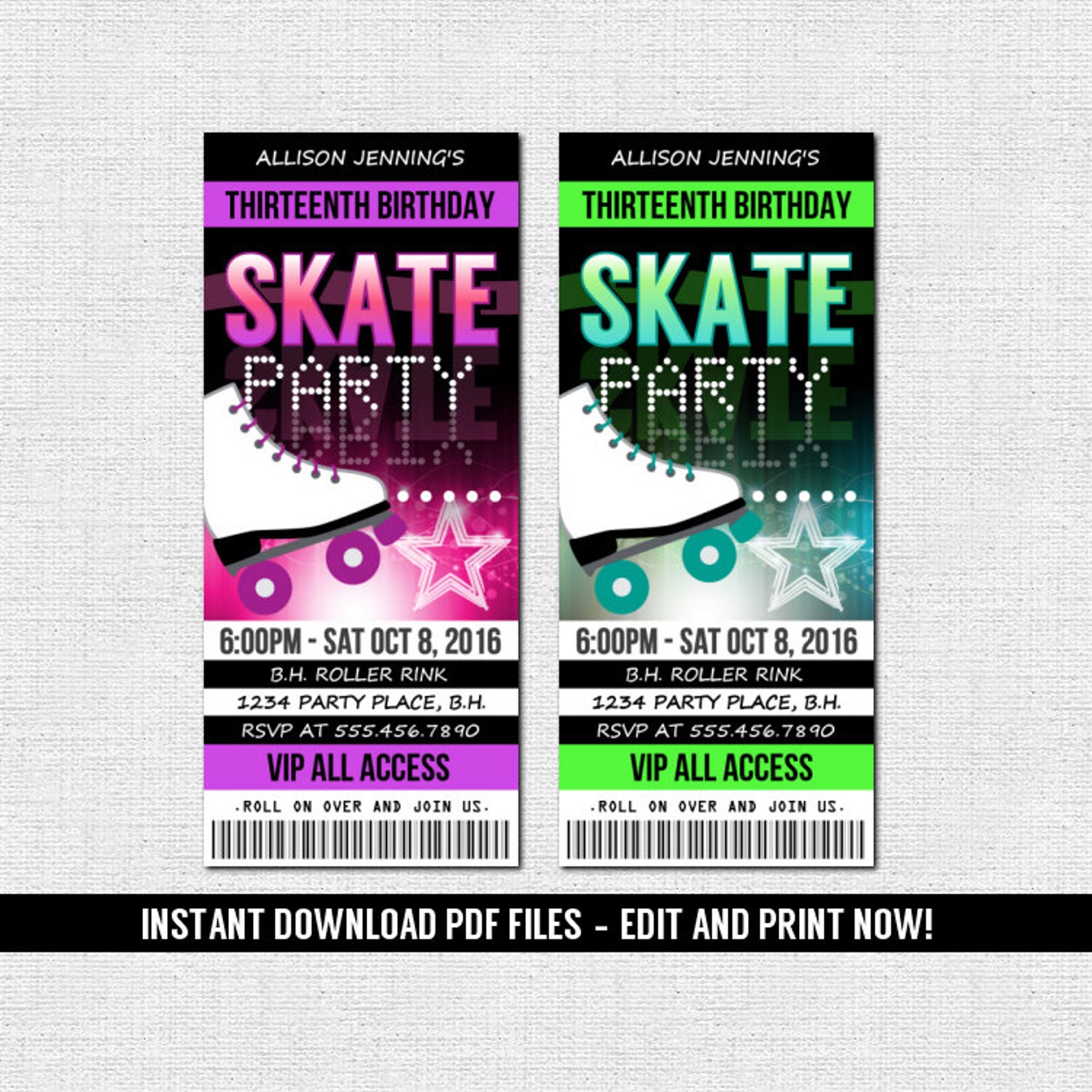 Skate Ticket Invitations Roller Skating Birthday Party Etsy