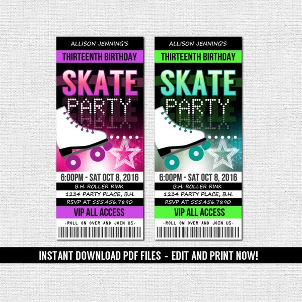 Skate Ticket Invitations - Roller Skating Birthday Party - (Instant Download) Editable and Printable PDF Files - Neon Glow Style