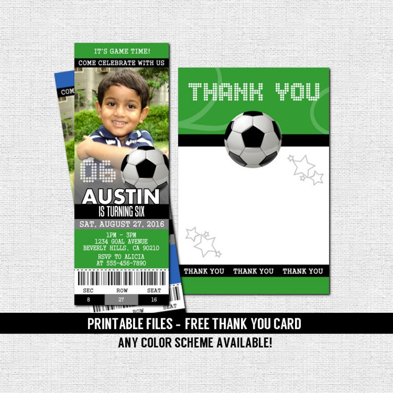 SOCCER TICKET INVITATIONS Free Thank You Card Birthday Party print your own Any Color Personalized Printable Files Football image 1